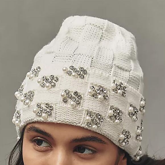 Anthropologie Accessories - NEW Anthropologie Maeve Cream Checkered Crystal Embellished Beanie Hat